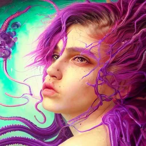 Image similar to detailed photo portrait of a furious teen girl with thin, hair-like purple tentacles on her head and bright purple eyes, 8k,by tristan eaton, Stanley Artgermm,Tom Bagshaw,Greg Rutkowski,Carne Griffiths,trending on DeviantArt, face enhance,hyper detailed ,full of colour, dramatic lightning