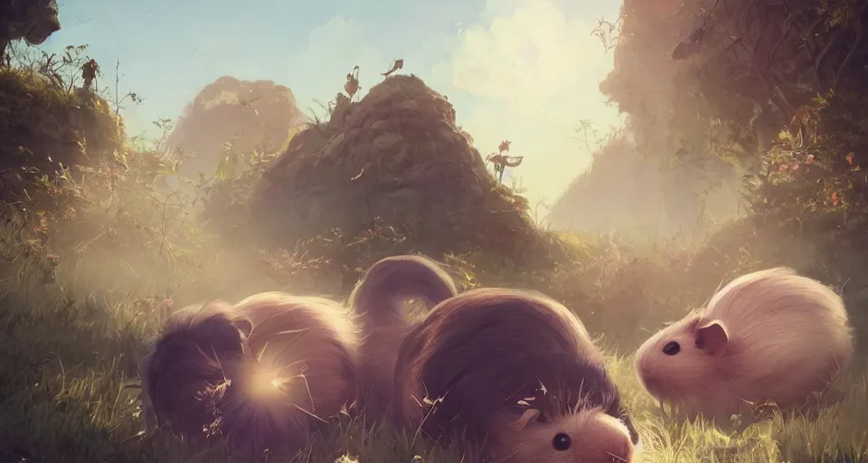 Image similar to ultra realistic cute guineapigs everywhere, by simon stalenhag, frank frazetta, greg rutkowski, beeple, yoko taro, christian macnevin, wlop and krenz cushart, epic fantasy character art, volumetric outdoor lighting, midday, high fantasy, cgsociety, cheerful colours, full length, exquisite detail, post - processing, masterpiece, cinematic