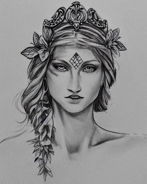 Prompt: realism tattoo sketch of aphrodite greek goddess wearing a laurel wreath and arrowhead earrings, beautiful piercing eyes with small pupils, sexy look, beautiful blonde hair, in the style of den yakovlev, amazing detail, fantasy, elegant, smooth, sharp