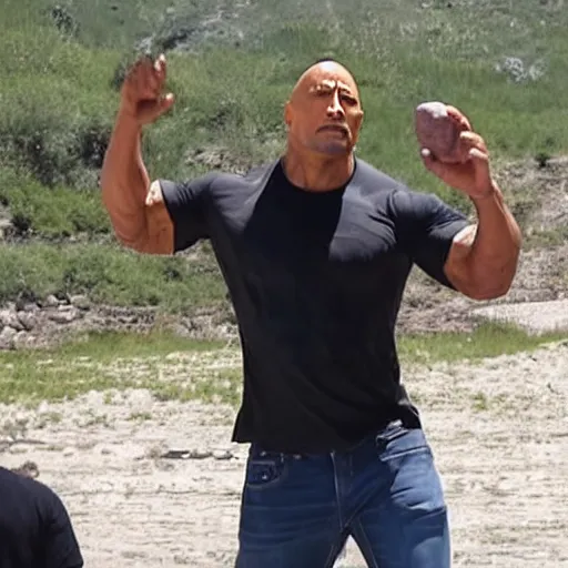 Image similar to photo of Dwayne Johnson throwing a rock to a group of his exited fans