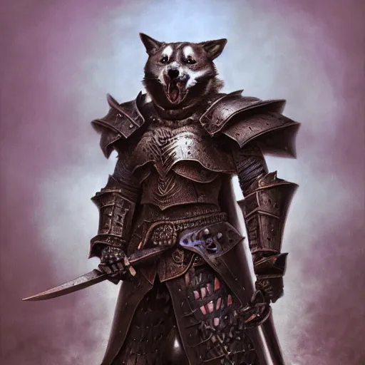 Prompt: berserk skullknight black armor, anthropomorphic shiba inu, shiba inu face, in tavern of knights, stuning 3 d render, masterpiece, glowing aura, by donato giancola and greg rutkowski and wayne barlow and zdzisław beksinski, realistic face