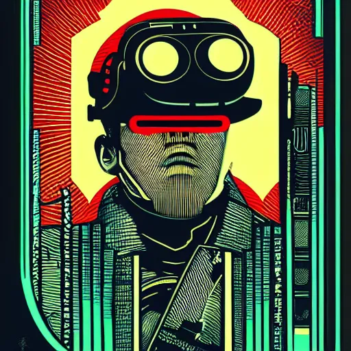 Image similar to Illustrated by Shepard Fairey and H.R. Geiger | Cyberpunk Samurai with VR helmet, surrounded by cables