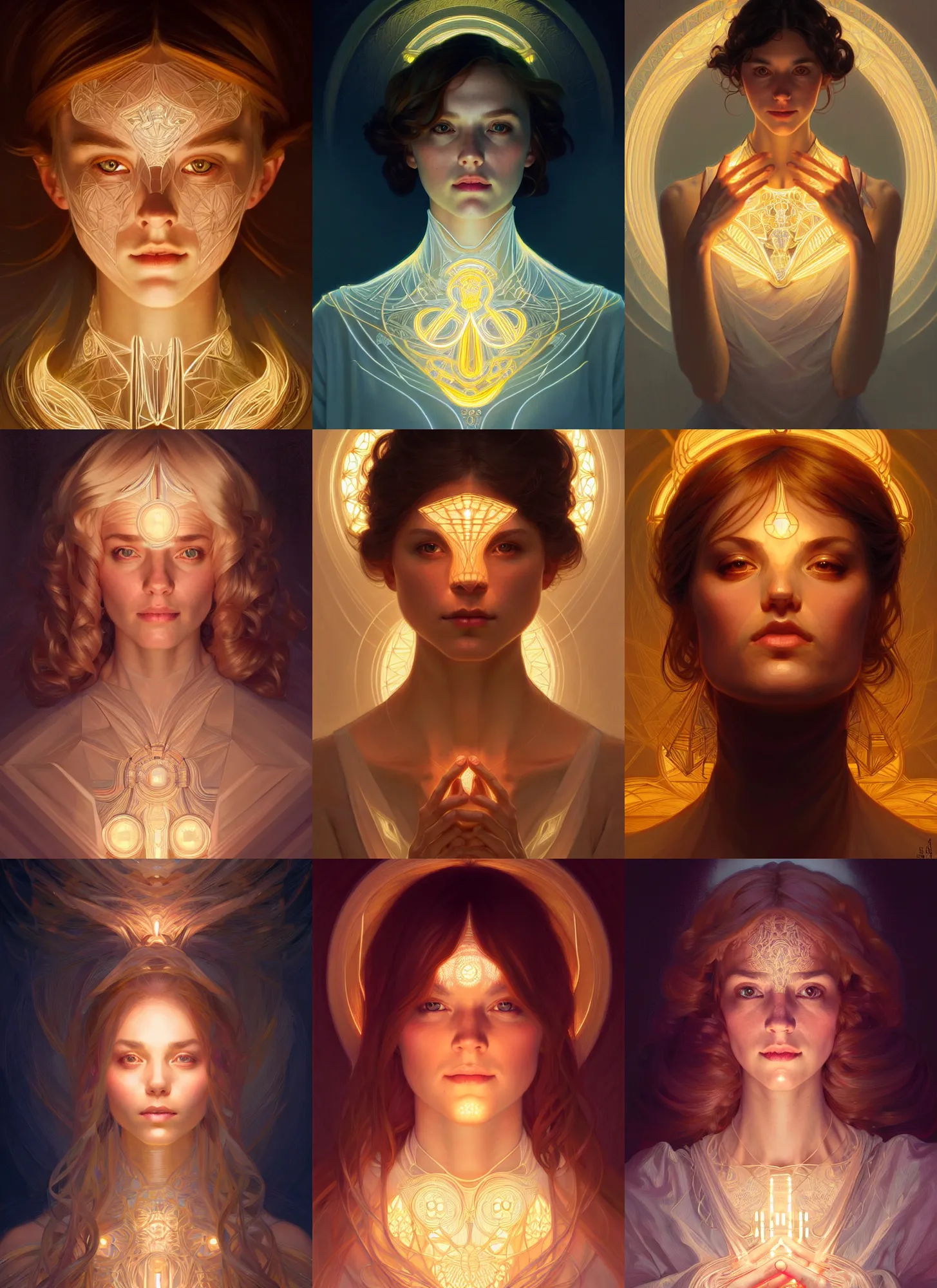 Image similar to symmetry!! portrait of a woman, cottagecore!!, glowing lights!! intricate, elegant, highly detailed, digital painting, artstation, concept art, smooth, sharp focus, illustration, art by artgerm and greg rutkowski and alphonse mucha