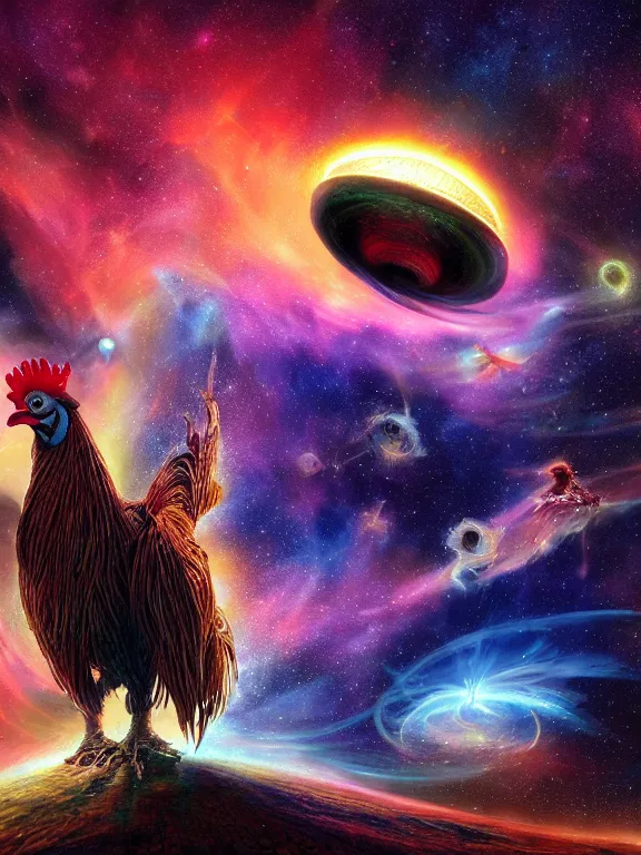 Prompt: a giant rooster, being abducted by a ufo, galaxy cosmic nebula, epic, volumetric light, hyperrealistic, glitter, mega detailed, beautiful composition, beautiful lighting, unreal render, 4 k, vincent di fate, john berkey, michael whelan