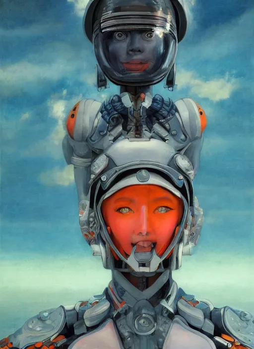 Prompt: symmetry!!! closeup portrait! of a samurai cyborg girl, racer jumpsuit, in clouds, cinematic light, windy, teal orange, volumetric smoke, by gerald brom, by mikhail vrubel, by peter elson, muted colors, extreme detail, trending on artstation, 8 k