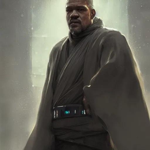 Prompt: portrait of a man by greg rutkowski, grand jedi master, he looks like laurence fishbourne, star wars expanded universe, he is about 6 0 years old, wearing jedi robes highly detailed portrait, digital painting, artstation, concept art, smooth, sharp foccus ilustration, artstation hq