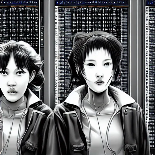 Prompt: beautiful twin sisters hacking into the mainframe of the pentagon, in the style of hiroya oku and riyoko ikeda, black and white, photorealistic, epic, super cool