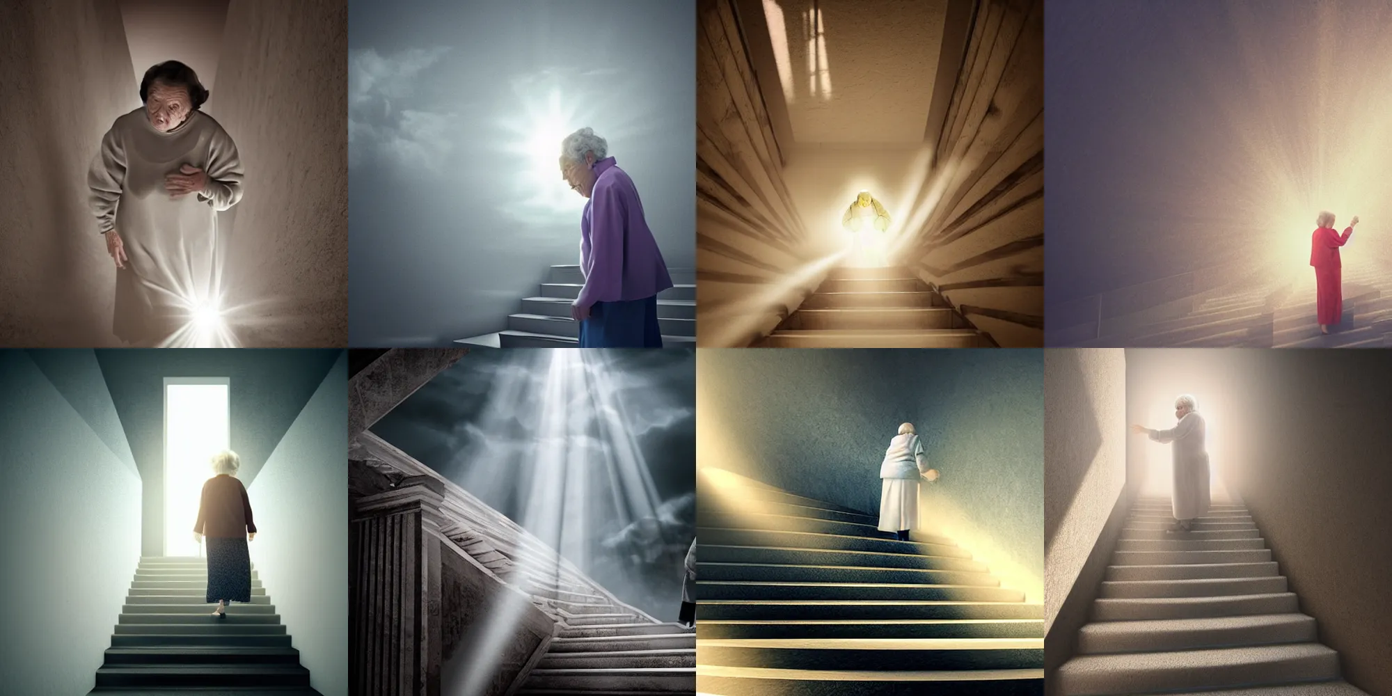 Prompt: elderly woman waking up the stairs of heaven, hyper realistic, ethereal, dramatic lighting, rim light