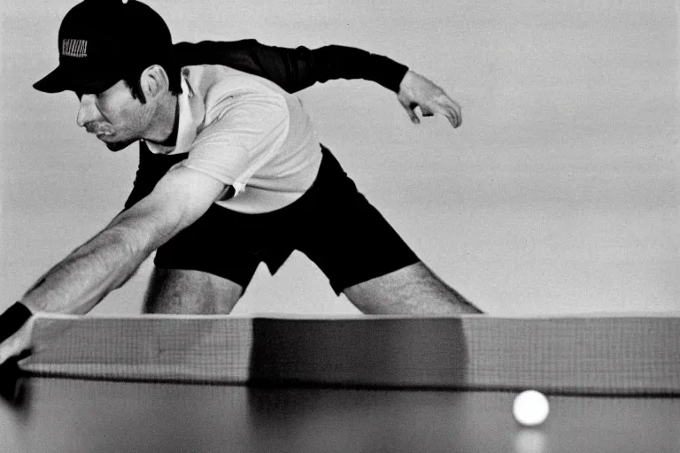 Prompt: very sweaty man playing ping pong, cookbook photo, in 1 9 9 5, y 2 k cybercore, industrial low - light photography, still from a ridley scott movie