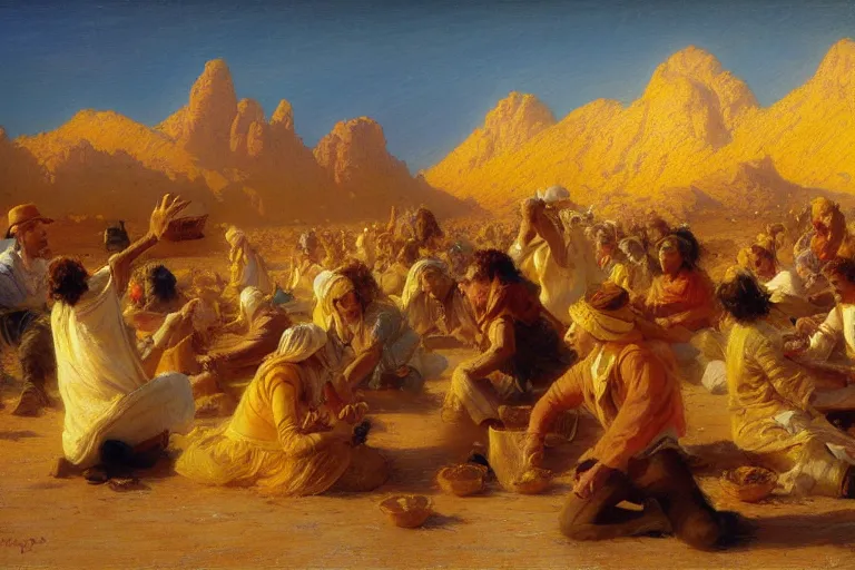 Image similar to detailed digital painting of a crowd of happy jews in the desert harvesting white manna, yellow orange and blue color scheme, painting by gaston bussiere, craig mullins, j. c. leyendecker 8 k