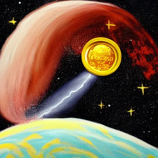 Prompt: a painting of a coin crashing into the moon, exploding, space