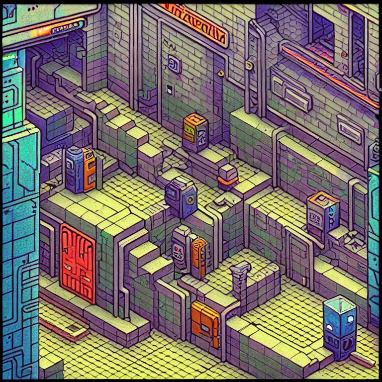 Image similar to an absurdly-detailed isometric cyberpunk alleyway colored-pencil drawing as a fancy square tile