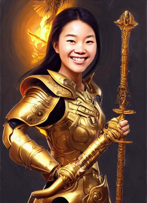 Image similar to Close-up portrait of smiling young asian woman wearing a pitch black armor with giant skulls extending from it, a golden winged helmet and, holding a magic staff, portrait, fireball, highly detailed, digital painting, artstation, concept art, sharp focus, illustration, art by artgerm and greg rutkowski and alphonse mucha