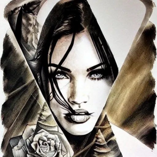 Image similar to double exposure realism tattoo sketch of megan fox with beautiful mountain scenery, in the style of andrey lukovnikov