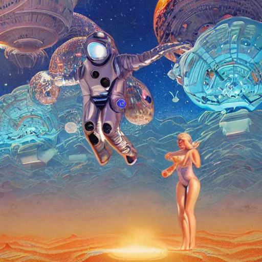 Prompt: insanely detailed procedural render expressive dynamic fluid action scene of chrome spacesuits protecting the dancing nudibranch girl from certain doom as the planet they orbit sends spores attack them, photorealism, sharp focus, award winning, tristan eaton, victo ngai,, maxfield parrish, artgerm, koons, ryden, intricate details, 3 / 4 view, bokeh