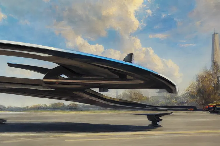 Prompt: futuristic flying vehicle concept on highway, painting by sydney mead, highly detailed, soft lighting, 8 k resolution, oil on canvas, architectural magazine