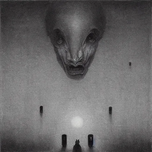 Prompt: “ alien with long fingers in a dark room full of smart devices floating, beksinski ”