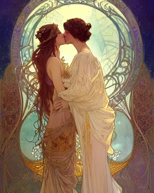 Image similar to the kiss | highly detailed | very intricate | art nouveau | gold filigree | romantic storybook fantasy | soft cinematic lighting | award - winning | disney concept art watercolor illustration by mandy jurgens and alphonse mucha and alena aenami | pastel color palette | featured on artstation