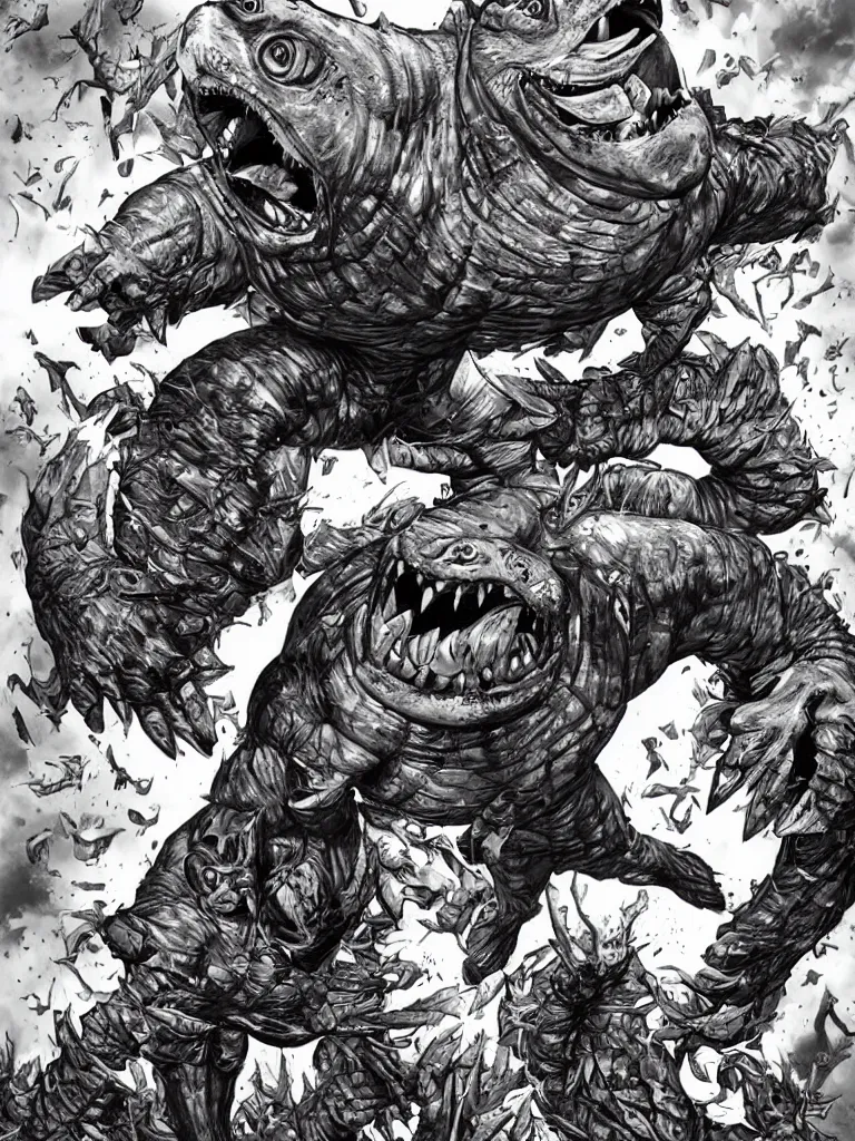 Image similar to giant street sharks powering up by lee bermejo