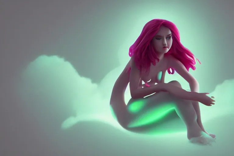 Prompt: a cute alien girl sitting on a cloud relaxing, misty, glows, digital art, hazy, foggy, red lighting, ambient lighting, 8 k,