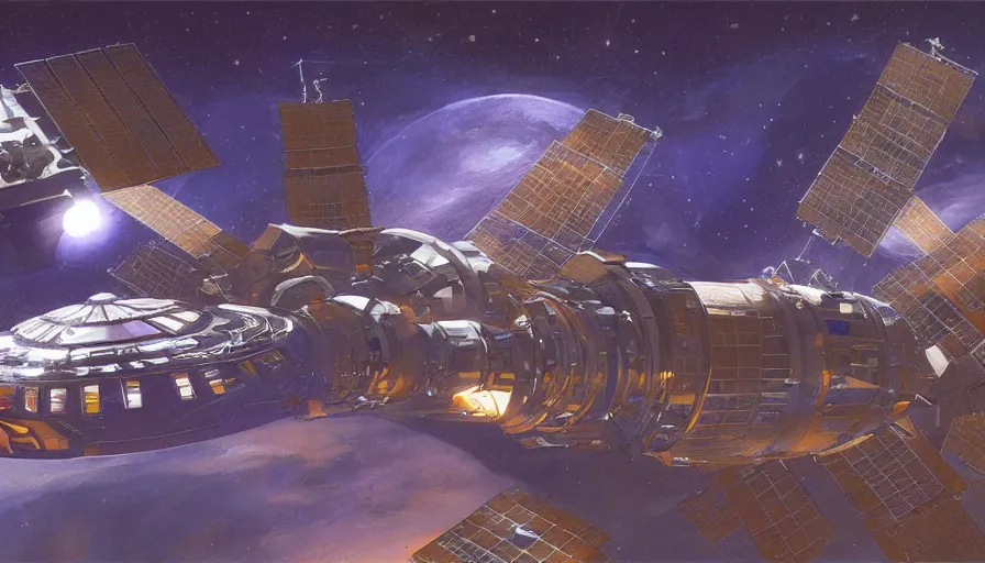 Image similar to The space station Babylon 5 glinting in the night, cinematic lighting, concept art