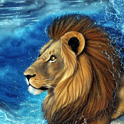 Image similar to a male lion's face breaching through a wall of water, water sprites, splashing, deep blue water color, highly detailed