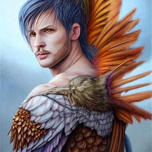 Image similar to hyper realistic color pencil drawing of a male fairy druid with hawk wings, D&D Art, detailed, rim light, diffused, intricate, axe, by anna dittmann