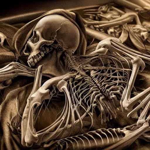 Prompt: cinematic scene of a detailed and intricate design of the back of full woman body wrapped in bones, close up, photo real, intrincate, studio shot, dark shadows, creepy, nightmarish, dynamic lighting, great finesse organic hyper detailed, engineering blueprints, technical drawings, calculus, stained paper, hyper realistic, ultra detailed, 16K, unreal engine, trending on artstation