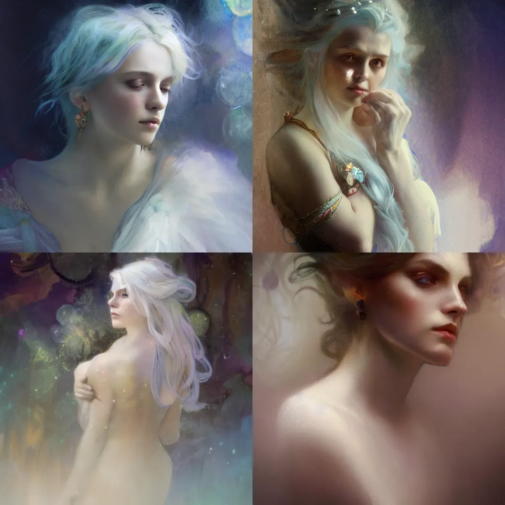 Prompt: a beautiful white haired young woman, adorned with precious stones by jeremy mann and alphonse mucha, dramatic lighting, dreamy, volumetric lighting, ethereal, 4 k, high detail