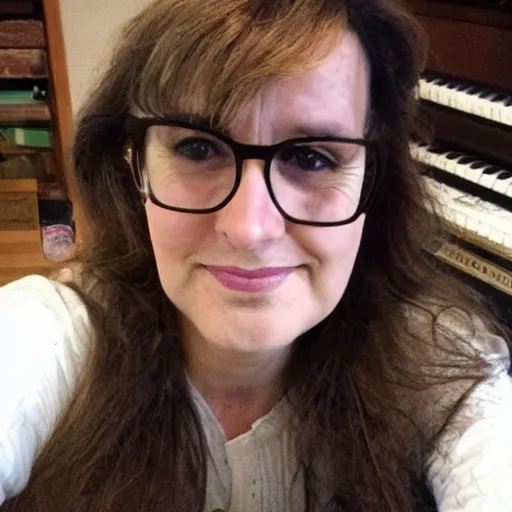 Prompt: 4 5 year old french and swedish woman, brown hair!, looks like female dean martin, chubby, nerdy music teacher with phd, labile temper, drinks bourbon, wears oprah glasses, from wheaton illinois