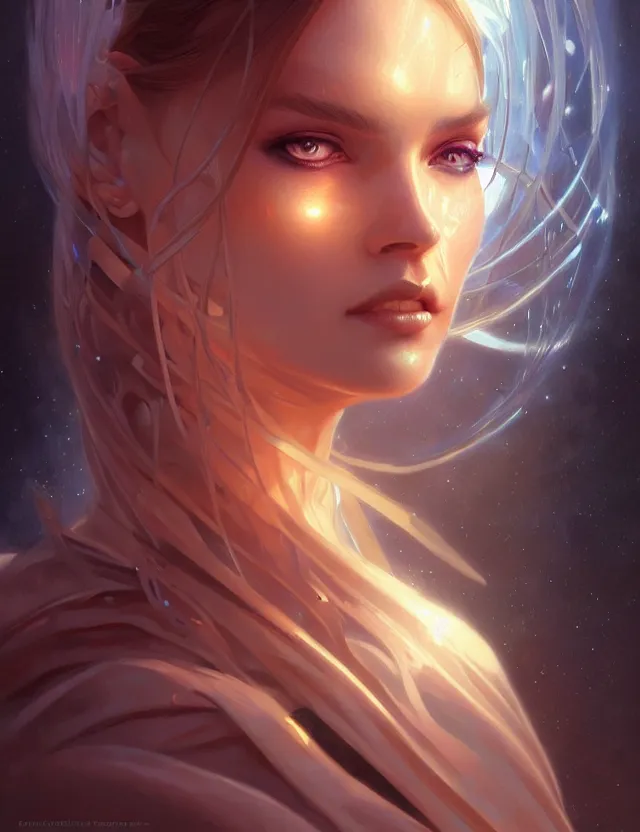 Image similar to futuristic woman portrait, sci-fi, amber eyes, face, long hair, fantasy, intricate, elegant, highly detailed, digital painting, artstation, concept art, smooth, sharp focus, illustration, art by artgerm and greg rutkowski and alphonse mucha