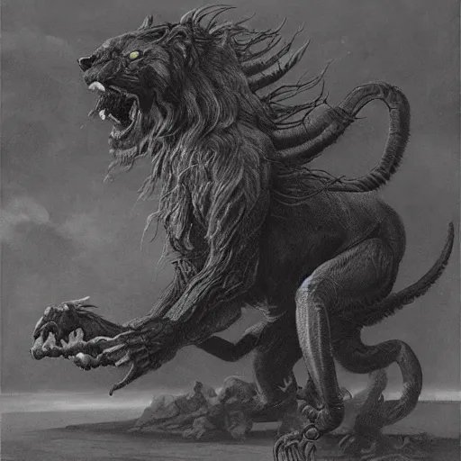 Image similar to manticore concept, lion body, scorpion tail, beksinski