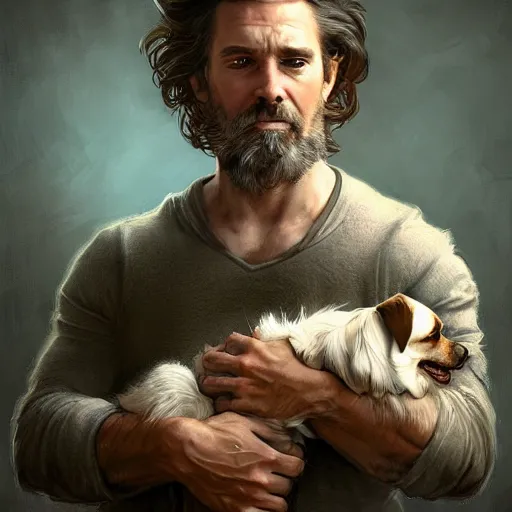Prompt: portrait of a young, ruggedly handsome man holding a corgi dog, soft hair, muscular, half body, cloth, hairy, d & d, fantasy, intricate, elegant, highly detailed, digital painting, artstation, concept art, smooth, sharp focus, illustration, art by artgerm and greg rutkowski and alphonse mucha
