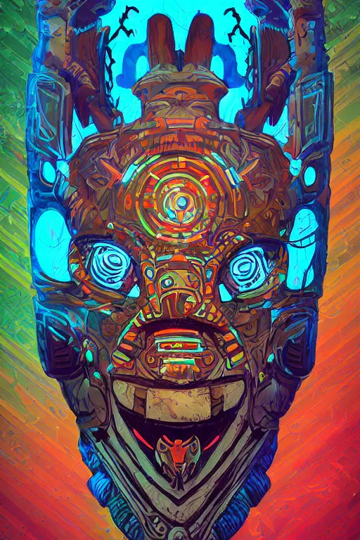 Image similar to totem animal tribal chaman vodoo mask feather gemstone plant wood rock video game illustration vivid color borderlands by josan gonzales and dan mumford radiating a glowing aura global illumination ray tracing