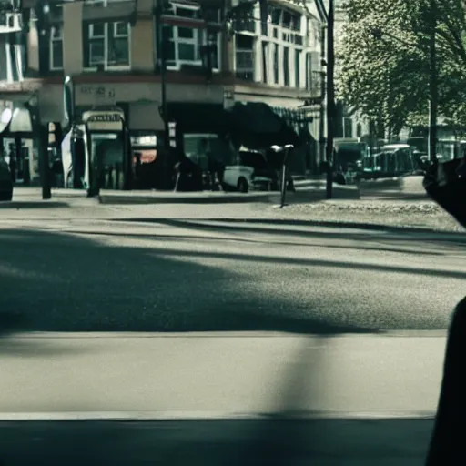 Image similar to film still of a woman drinking coffe, walking to work, long shot, wide shot, full shot