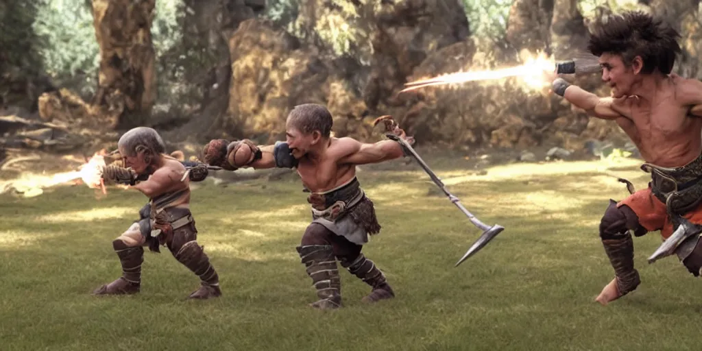 Image similar to 4k still of a ripped athletic halfling in combat