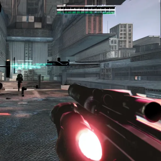 Image similar to generic third - person shooter, sci - fi third - person shooter on the og xbox, 2 0 0 3 graphics, playstation 2 graphics, y 2 k aesthetic hud