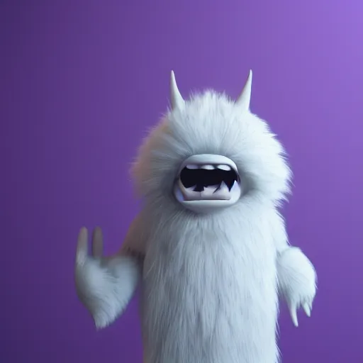 Prompt: a photo of a white fur monster standing in a purple room, cinema 4 d, octane render, 3 d