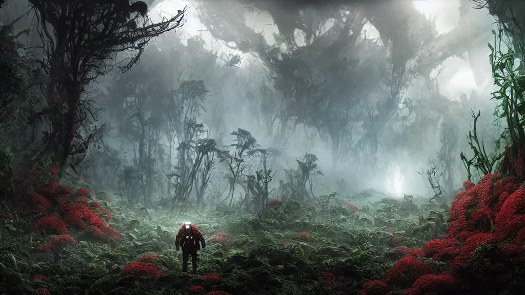 Prompt: dramatic Photorealistic dramatic Landscape Matte painting,Looking through deep inside an Alien planets dense red forest,a lone astronaut in a white spacesuit with lights is exploring outside a gigantic crashed derelict spaceship,hundreds of tall gigantic monster carnivorous Red Venus Flytrap plants and glowing bulbs,translucent wet and slimy plant life by Greg Rutkowski,Craig Mullins,Fenghua Zhong,a misty haze,Beautiful dramatic moody nighttime lighting,Cinematic Atmosphere, Volumetric Lighting,Terragen,Octane Render,8k