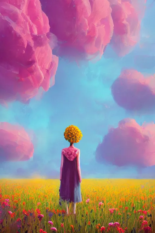 Image similar to closeup, giant flower head, girl standing in a field of flowers, surreal photography, sunrise, blue sky, dramatic light, impressionist painting, digital painting, artstation, simon stalenhag