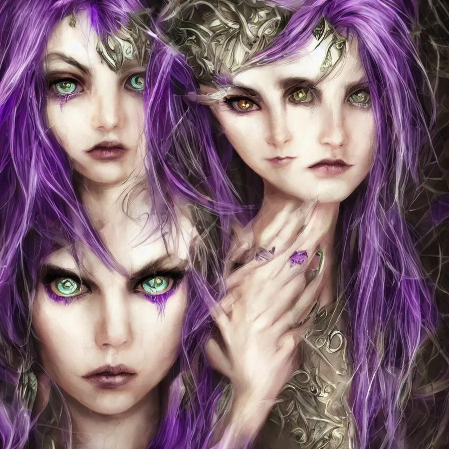 Image similar to realistic beautiful mark of shadows female elf warlock sorcerer symmetrical pretty eyes with purple energy