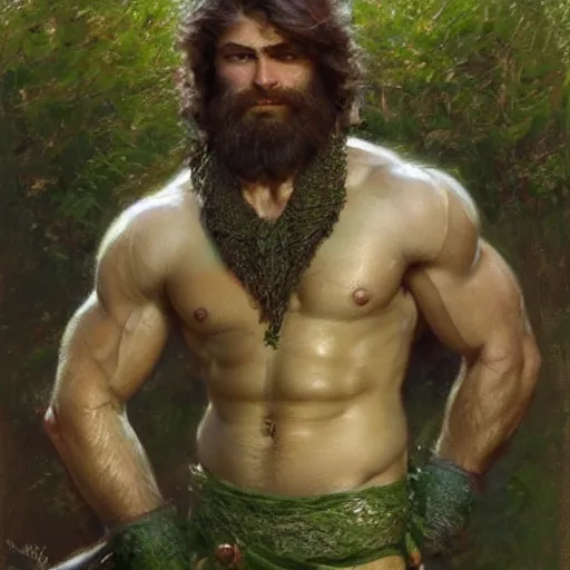 Prompt: young warrior by a river, playful, male, muscular, green eyes!!!!, straight nose!!!!!, beard, detailed face, thighs!!!!! gorgeous, amazing, muscular, intricate, highly detailed, painting by Gaston Bussiere, Craig Mullins