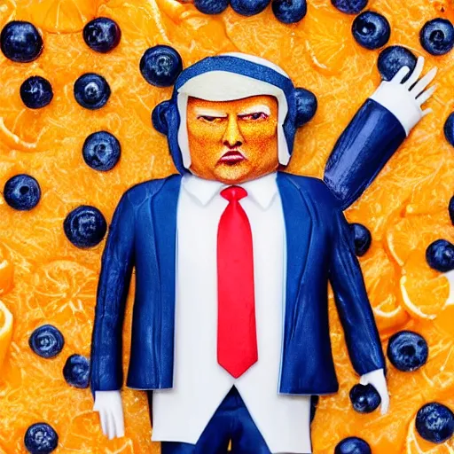 Prompt: edible donald trump made step by step : 1 ) face is made of orange pieces 2 ) hair is made of shredded lemon skin 3 ) suit is made of blueberries and whipped cream 4 ) fine details are filled in using sprinkles, from the beautiful'food art collection ', dslr