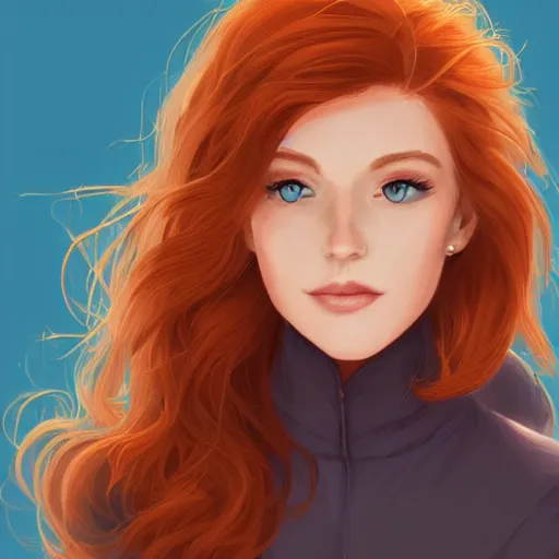 Image similar to a portrait of a young woman with auburn hair, smart, rich, traveling clothes, artist, artistic, shallan davar, blue eyes, beautiful, smiling, thick hair, dnd, rpg, shy, quick witted, artgerm style