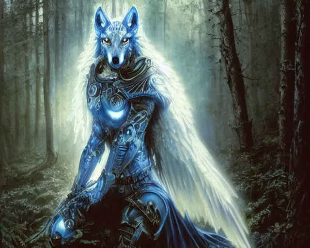 Prompt: 5 5 mm portrait photo of an armored holy wolf angelic with blue glowing eyes and looking at the camera, glowing with holy lights, holy energy, in a magical forest. magical atmosphere. art by greg rutkowski and luis royo. highly detailed 8 k. intricate. lifelike. soft light. nikon d 8 5 0.