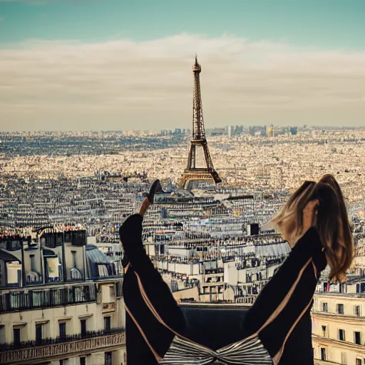 Prompt: a detailed elegant photo of the most beautiful girl on the planet, wide angle, paris on the background