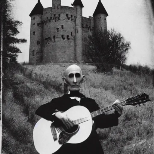 Image similar to vintage photograph of count orlok outside his castle, playing the blues on guitar, castle in the background, 4 k