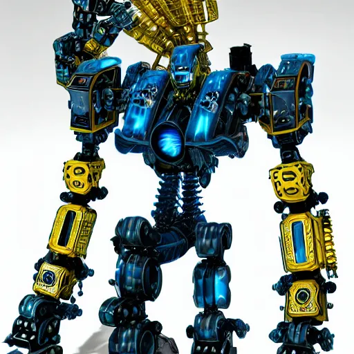 Image similar to a intricate ornate boxing humanoid mecha, punk, by war robots, real steel ( 2 0 1 1 ), westworld and pacific rim movie and ps 5 game machine warrior 5, cryengine, frostbite 3 engine, blue and yellow scheme, sharp focus, 8 k, high definition, insanely detailed, soft lighting, smooth face