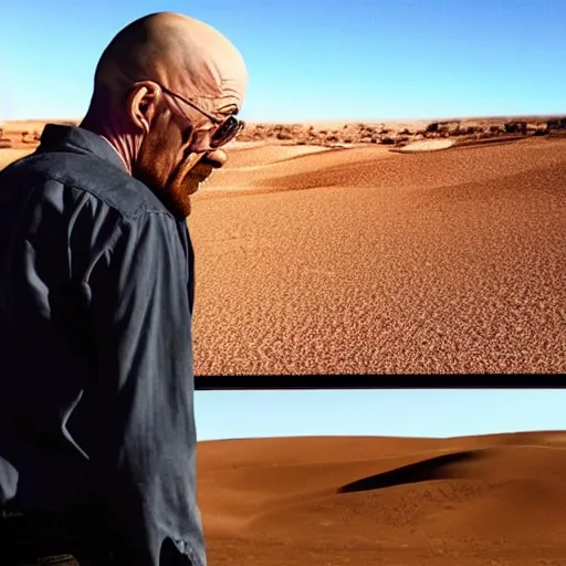 Image similar to walter white looking at a tv screen in the desert