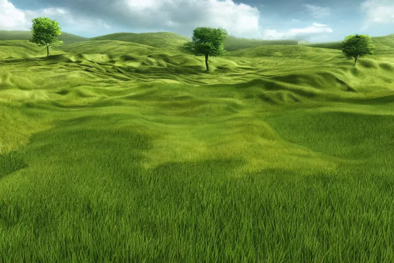 Prompt: a grass land and small village and tan pathways, 4 k, 8 k, photorealistic landscape, landscape imagery, 4 k luminous lighting, volumetric lighting,